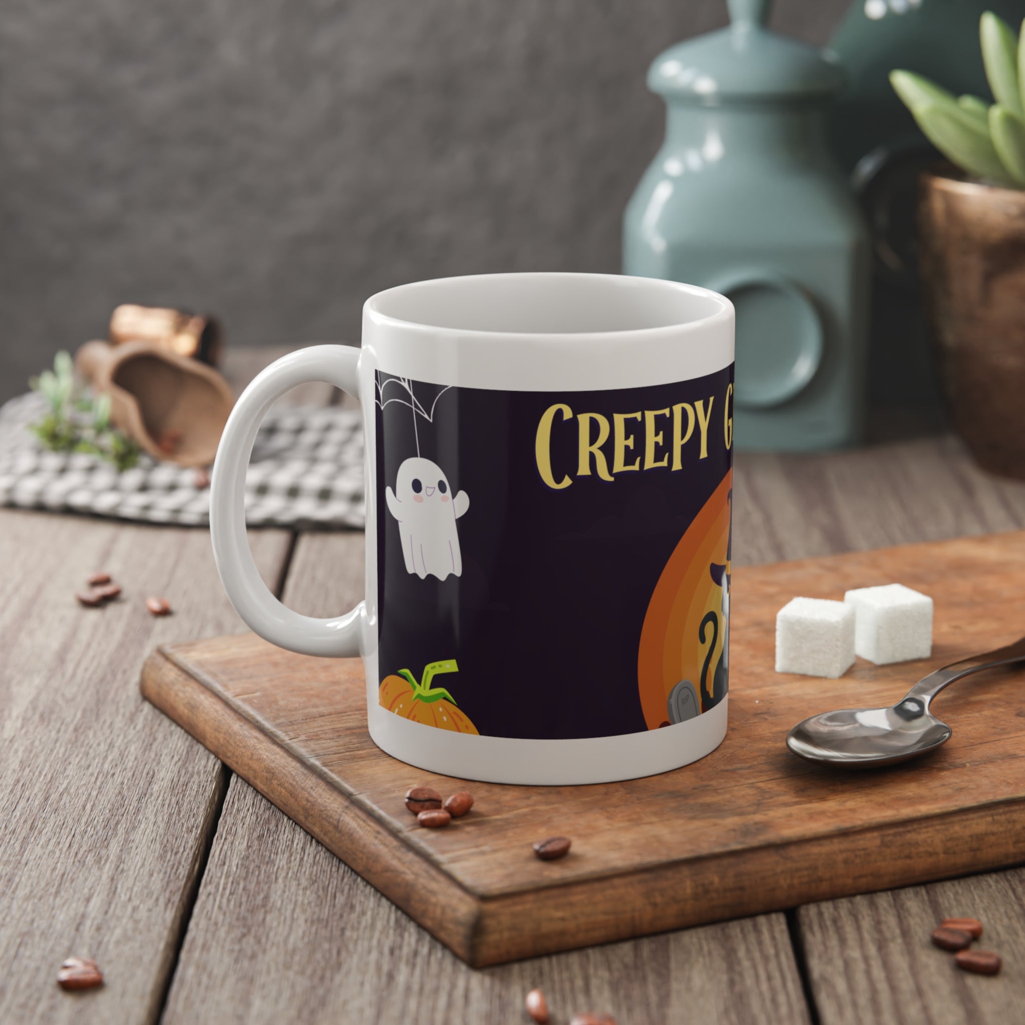 Creepy Graveyard Scene | Halloween Black Cat, Ghosts, and Pumpkins | White Ceramic Mug